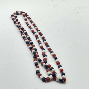 Vintage Red White & Blue Square Bead Necklace Gold Tone 42 Inch